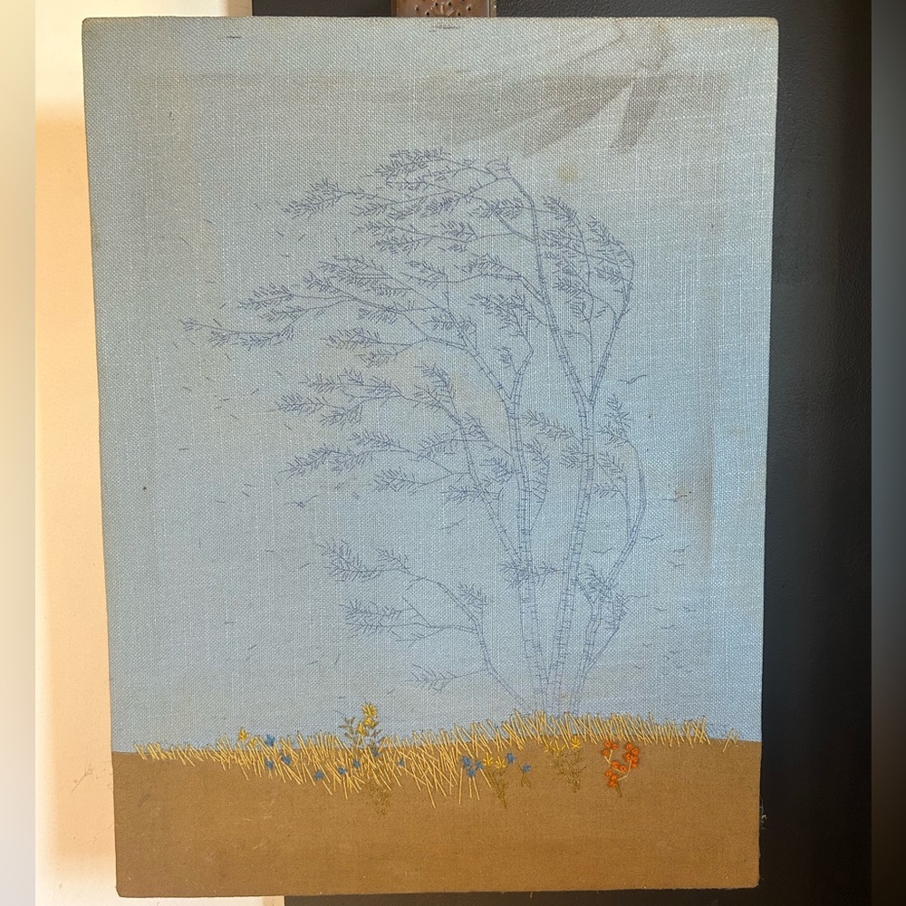 Vintage Embroidered Needlework Tree Nature Wall Hanging Art